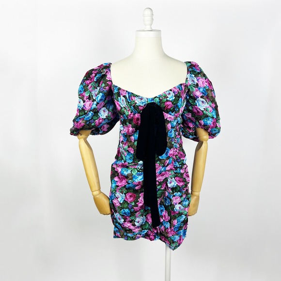 NWT For Love and Lemons Marley mini dress black floral puff sleeve Size Large - Picture 2 of 9